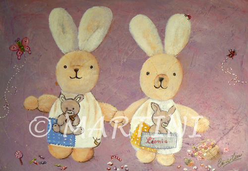 tableau enfant doudou lapin jumeaux